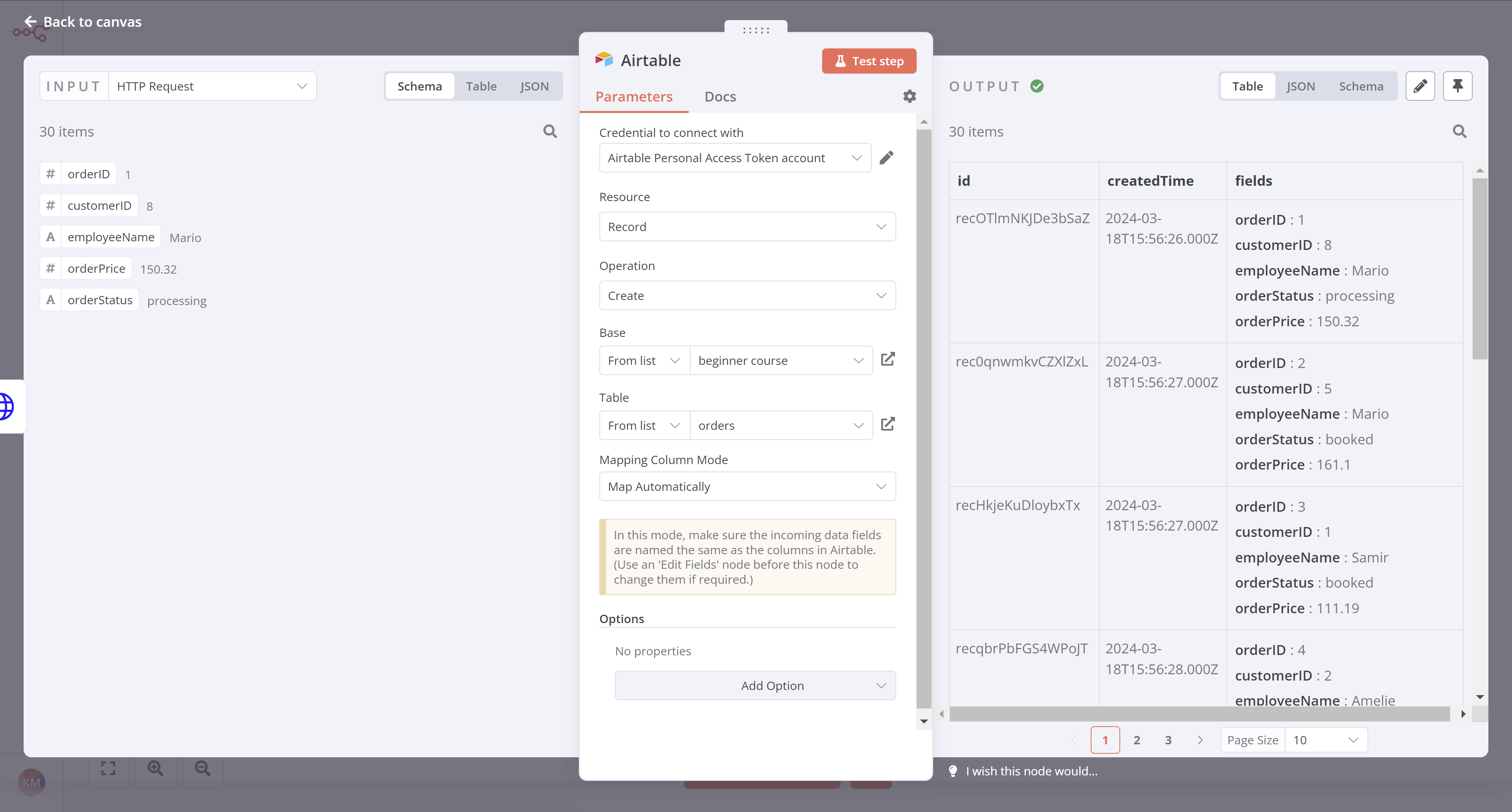 Airtable node results